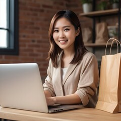  Young Asian girl using laptop, desktop, computer. Online shopping. Shopping bags. Merchandiser. 