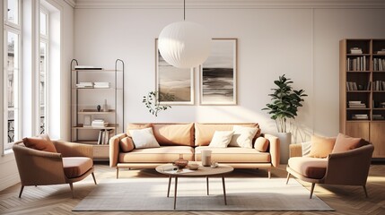 Interior design of modern elegant living room inspired with scandinavian style 