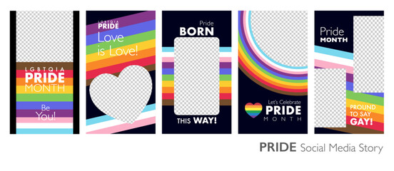 Colorful happy PRIDE month cover page set with  progress pride rainbow color for prints, web ads and social event story. Vector illustration.