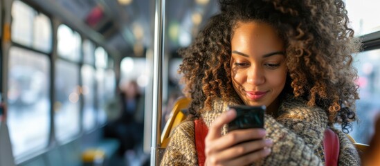 Mixed race girl with curly hair using smart phone on city bus.