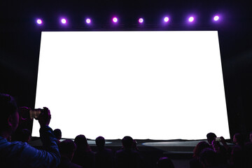 Front view of mockup on blank white screen with space in hall with scene and silhouette of audiences