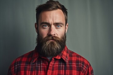 Portrait of a handsome young man with a long beard and mustache wearing a red checkered shirt.