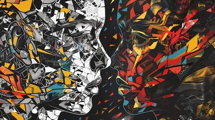 An illustration of a figure composed of bright, chaotic abstract shapes on one side and monochrome, fragmented shapes on the other, representing the duality of outward appearance versus reality.