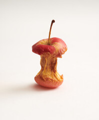 partially eaten but dried apples isolated in white background.  Selective focus.