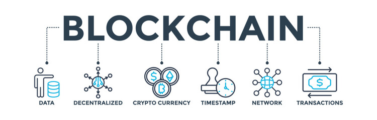 Blockchain banner concept with icon of data, decentralized, crypto currency, timestamp, network, transactions. Web icon vector illustration 