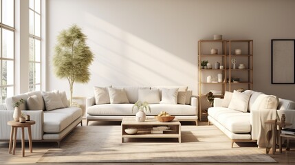 Interior design of modern sophisticated living room inspired with scandinavian elegance 