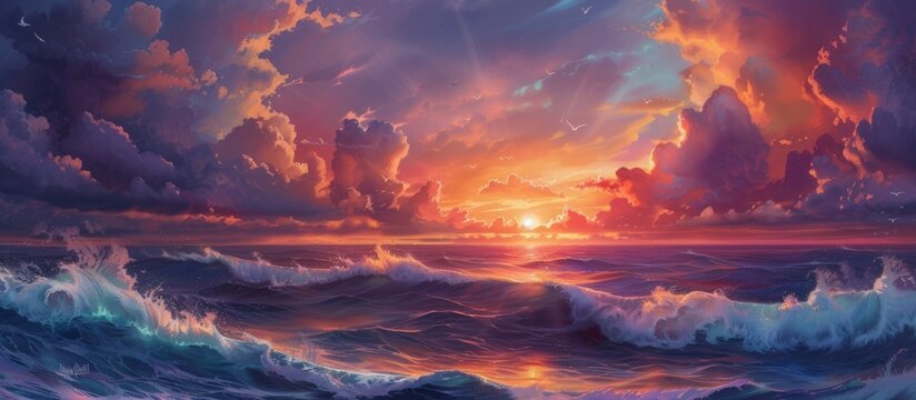 Nature's breathtaking sunset sky over the sea, adorned with vibrant colors, stunning clouds, and mesmerizing waves.
