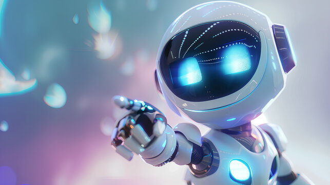Positive cute robot pointing at a space. Copy space, ai generated
