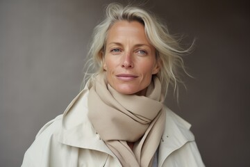Portrait of beautiful mature woman with blond hair and scarf on grey background