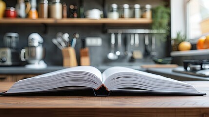 Open book with recipe on kitchen table wallpaper background