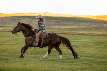 Cowgirl Riding horse across field
