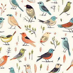 Hand drawn seamless pattern of line art bird icons