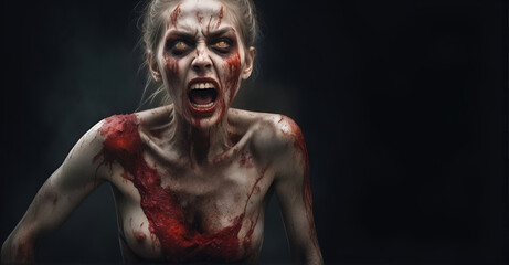 Scary zombie with bloody face closeup. evil, demon, skull and monster - obrazy, fototapety, plakaty