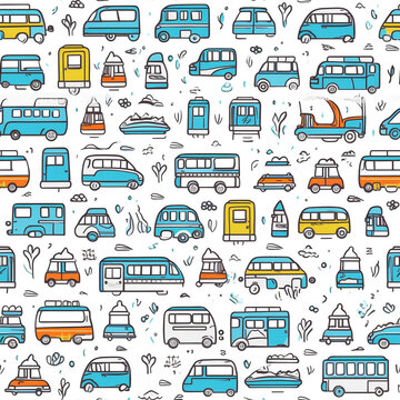 Hand drawn seamless pattern of line art car icons