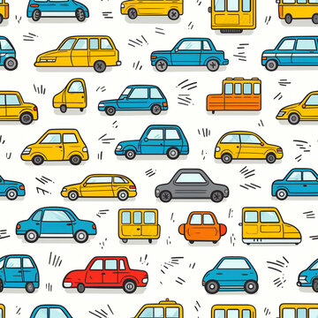 Hand drawn seamless pattern of line art car icons