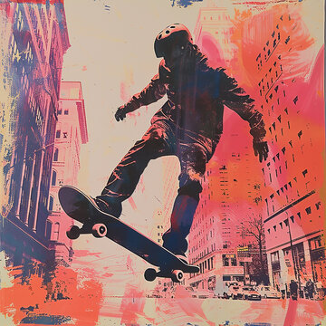 Risograph poster art illustration of skateboarding in the city, a youth culture concept.