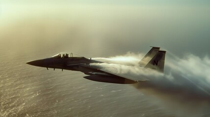 A military fighter jet zooms through the air leaving a trail of vapor in its wake as it makes a quick ascent.