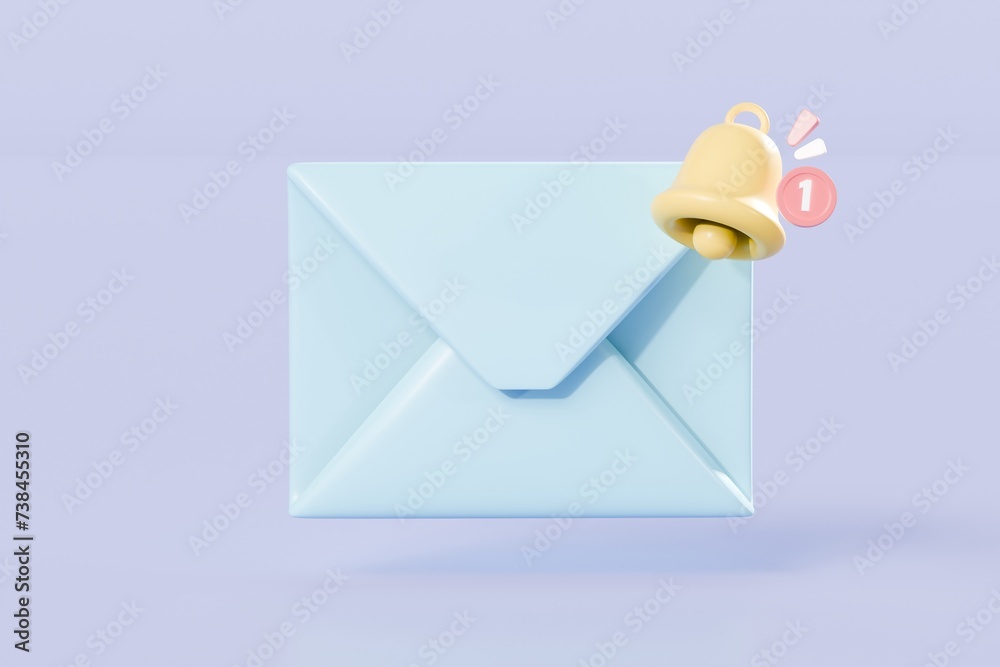 Poster 3d mail envelope icon with bell notification new message sign icon. 3d email letter with notificatio