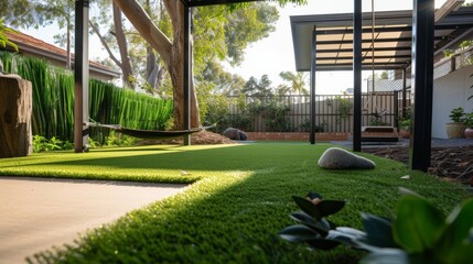 A designated pet relief area with fake grass and waste disposal stations providing a convenient option for pet owners.