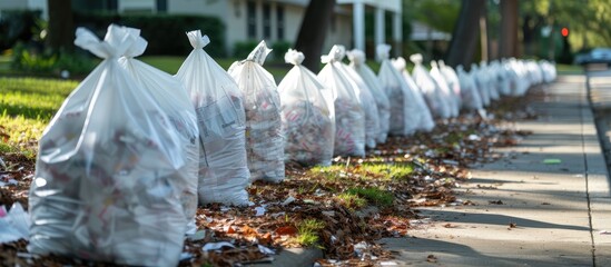 Shredded paper in white plastic bags on the curb for recycling collection