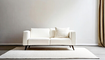 Fototapeta na wymiar A Simple Room with a White Sofa: Minimalist Living. Sunlight Slanting through the Room.
