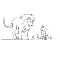 Lion standing with small lion cub. Continuous one line drawing