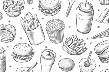 Hand drawn seamless pattern of line art fast food icons