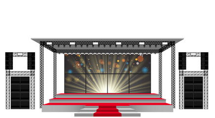 red stage and speaker with led screen on the truss system on the white background	
