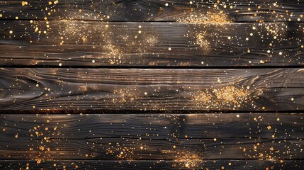 Wooden board surface with golden glitter shimmer wallpaper background