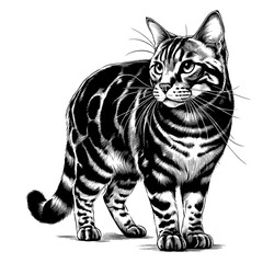 Full-length Bengal cat portrait. Hand Drawn Pen and Ink. Vector Isolated in White.Engraving vintage style illustration for print, tattoo, t-shirt, coloring book