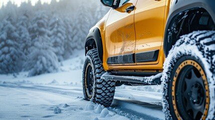 Off-Road Vehicle in Winter Landscape with Snowy Mountains. Generative ai