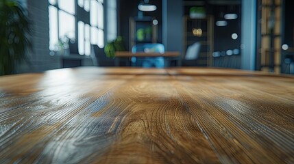 Wooden table surface with blur wallpaper background