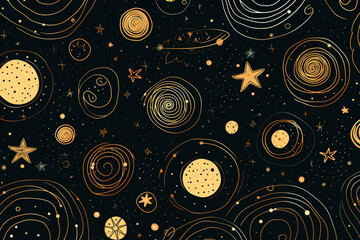 Hand drawn seamless pattern of line art planet icons