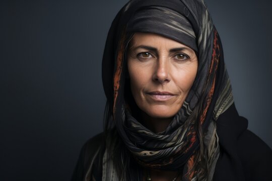 Portrait of a beautiful middle aged woman wearing a headscarf.