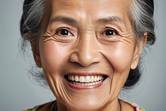 Portrait of beautiful elderly asian woman charmingly smiling and looking at camera