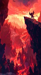 Rolgordijnen Adorable hellish adventure cute devil navigating sharp landscapes © Sirisook