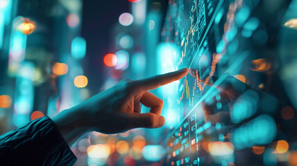 Businessman pointing a glowing stock market chart with a neon city background
