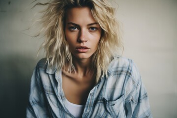 Portrait of a beautiful young blonde woman in a plaid shirt