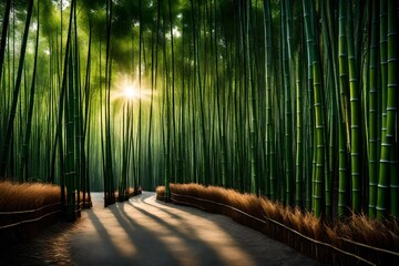 /imagine: A serene bamboo grove with sunlight filtering through the dense foliage, casting a tranquil glow
