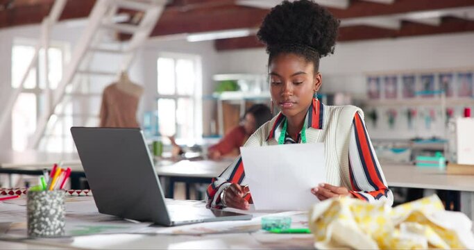Woman, fashion designer and laptop in studio or planning manufacturing or pattern research, creativity or small business. Female person, textile and internet for clothing production, tailor or fabric