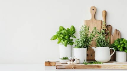 Modern Kitchen with Seamless White Background and Fresh Herbs AI Generated.
