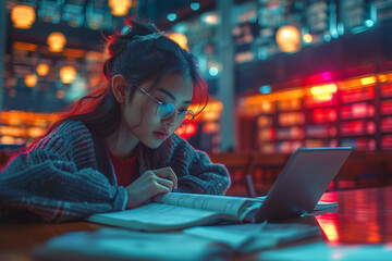 Focused Student Studying with Books and Tablet Outdoors. A diligent student is deeply focused on studying with textbooks and a tablet at an outdoor setting, illuminated by natural sunlight.