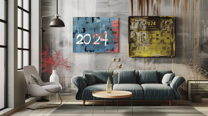 濃いグレーの壁にオレンジのソファーがあるモダンな部屋に「2024」の文字が書いてあるカラフルなアートが飾ってある
