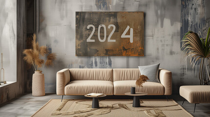 コンクリート打ちっぱなしの壁の白いソファーがあるモダンな部屋に「2024」の文字が書いてあるアートが飾ってある