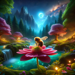 Twilight Whispers: Blossoms and Bees in the Moonlit Glade - obrazy, fototapety, plakaty