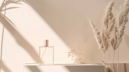 Elegant perfume bottle in clean beige setting, Empty fragrance container in minimalist copy space | Generative AI