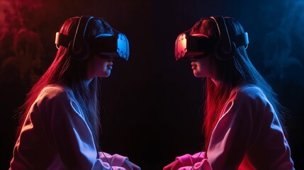two girls sitting face to face and wearing VR glass web 3.0 and future technology and metaverse