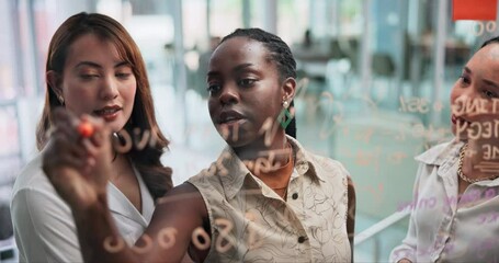 Collaboration, planning and business people writing on glass in office for coaching or teaching. Meeting, training and upskill development with employee team in workplace for brainstorming on window