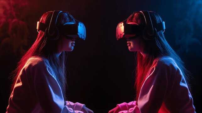two girls sitting face to face and wearing VR glass web 3.0 and future technology and metaverse