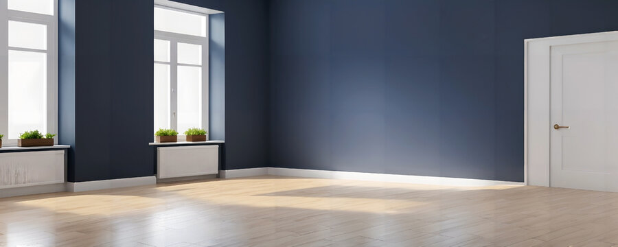 Modern vintage interior of living room,parquet flooring and blue wall,empty room